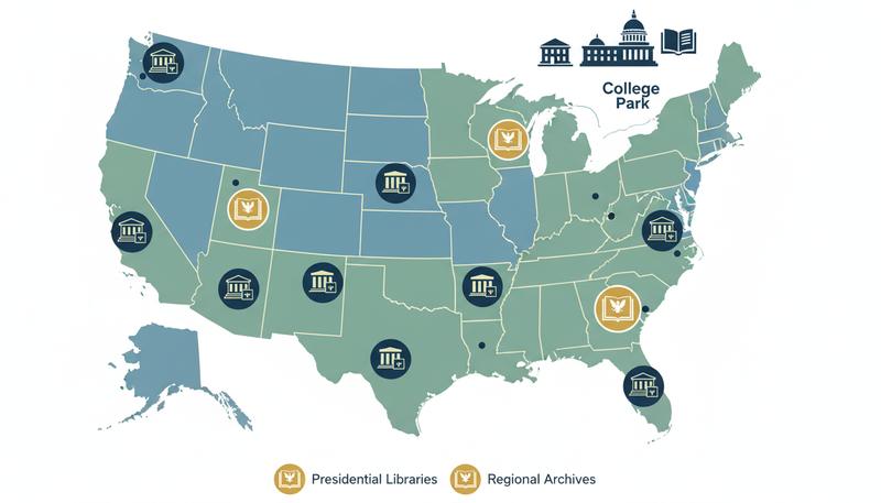 Map showing NARA facilities across the United States including Washington DC, College Park, and regional facilities