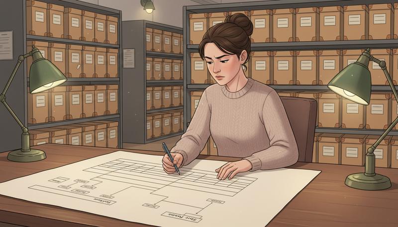 A researcher at a wooden desk reviews a detailed archival finding aid document. Behind them, rows of archival boxes are stacked on metal shelving. The finding aid shows hierarchical organization with series labels and box numbers. Warm library lighting, documentary photography style.
