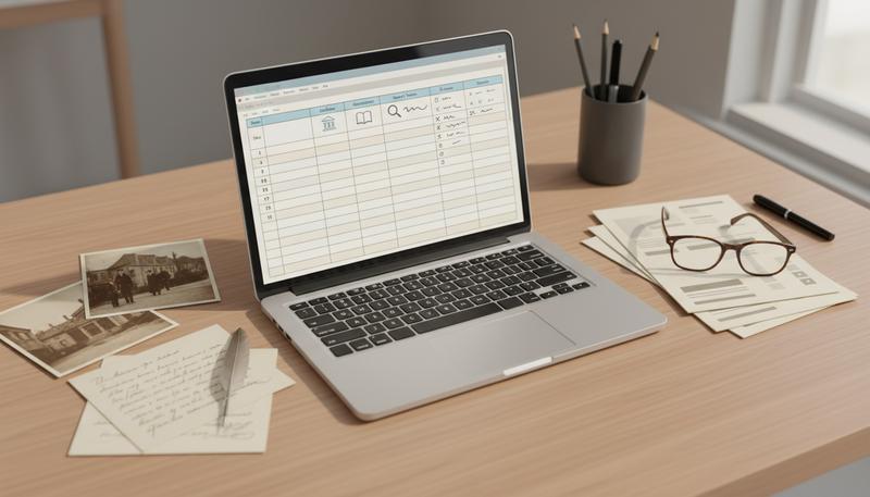 A research log spreadsheet on a laptop screen alongside archival photographs and handwritten notes