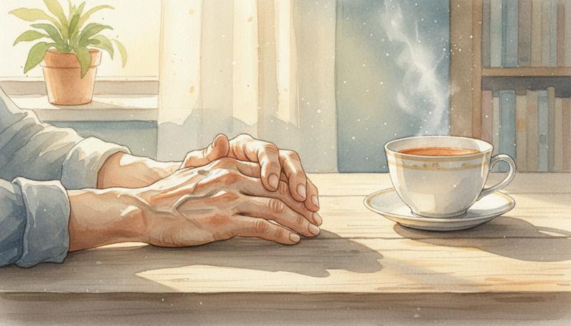 An elderly person's hands resting on a table near a cup of tea, a look of quiet reflection — suggesting the private process of remembering and finding peace through story