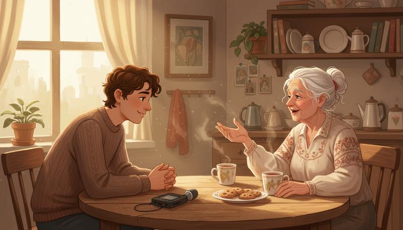 Interviewer leaning forward attentively while elderly narrator speaks at kitchen table, warm natural lighting
