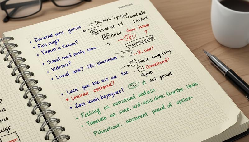 A handwritten interview question list with annotations and follow-up notes, showing the working document of an oral history interviewer