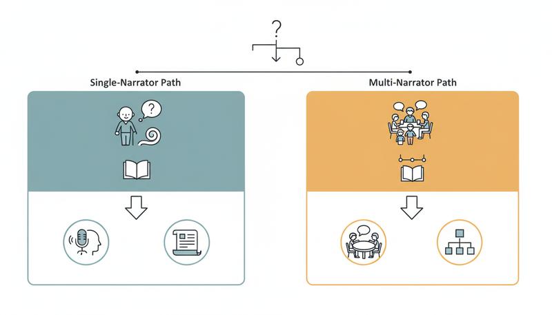 Decision tree showing single-narrator path on left (elderly, health uncertain, deep story to tell) versus multi-narrator on right (family gathering opportunity, shared historical events, multiple generations), with icons for each path
