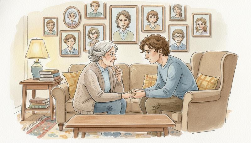 A quiet, warm living room with two people in conversation — one older, one younger — surrounded by family photographs, suggesting the intimacy and gravity of oral history interviews