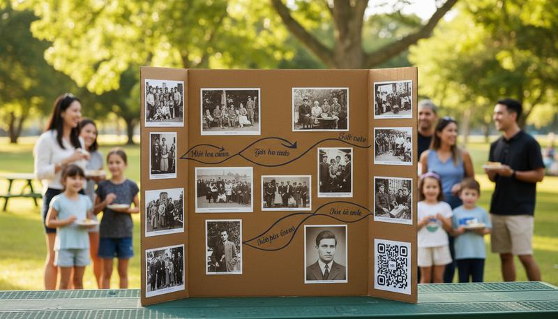 A family oral history display at a reunion featuring printed photographs, pulled quotes, and a QR code linking to audio recordings
