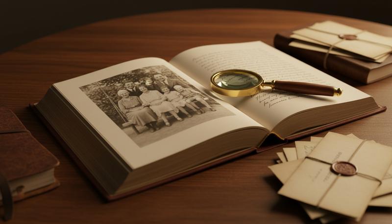 A printed family memoir book with old photographs on the cover, sitting on a table alongside handwritten letters and a historical photograph