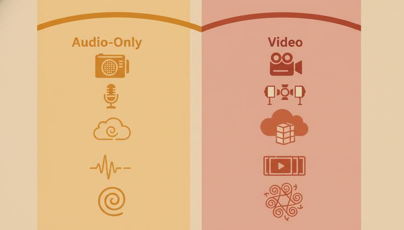 A comparison diagram showing the tradeoffs between audio-only and video oral history recording setups, including equipment, complexity, and storage requirements