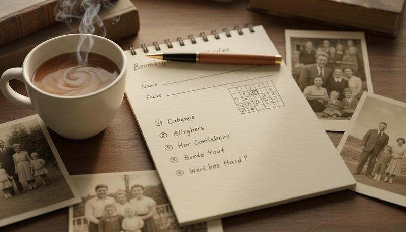 A simple handwritten project plan on an index card showing narrator name, interview type, dates, and anchor questions