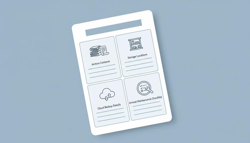 A simple one-page preservation plan document template, showing fields for archive description, storage locations, contact information, and annual checkup checklist