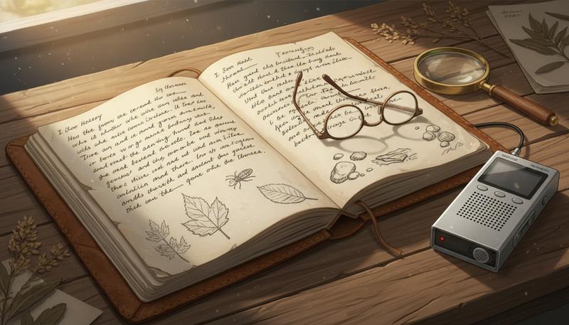 A handwritten field notes journal open next to a digital recorder on a table, showing the analog-digital partnership in oral history documentation