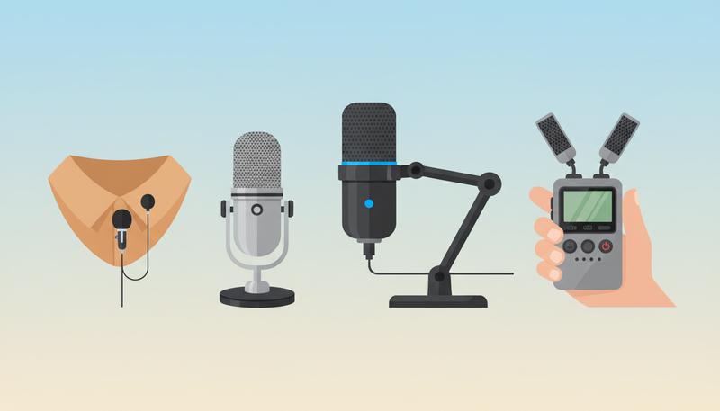 Visual comparison of different microphone types used in oral history recording: lavalier clip-on, desktop condenser, USB microphone, and handheld recorder with built-in mics