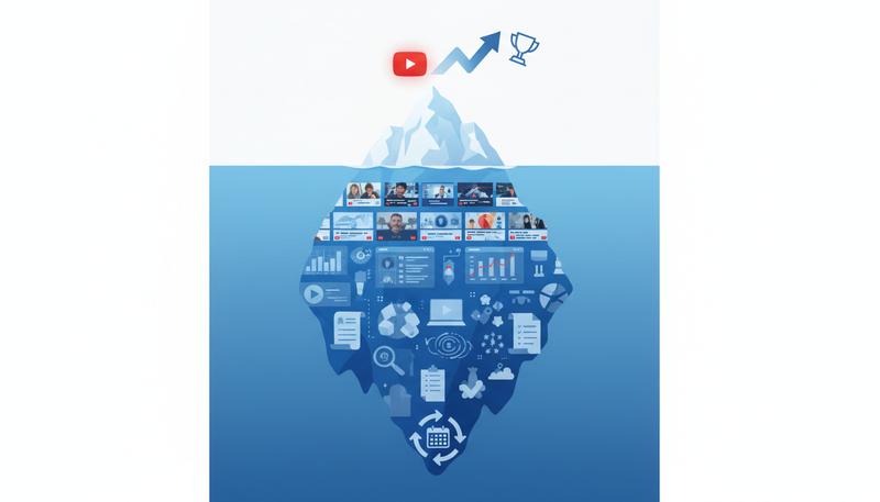 Iceberg diagram showing visible YouTube success above the waterline and the unseen systems work below it