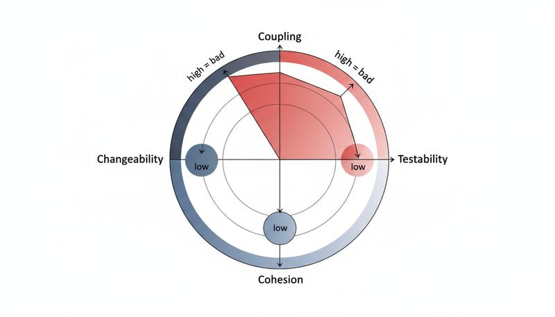 A radar chart showing coupling, testability, cohesion, and changeability scores for the messy codebase