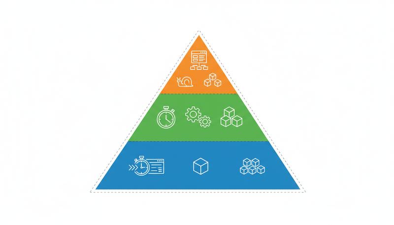 The test pyramid showing unit, integration, and end-to-end test layers with count and speed annotations