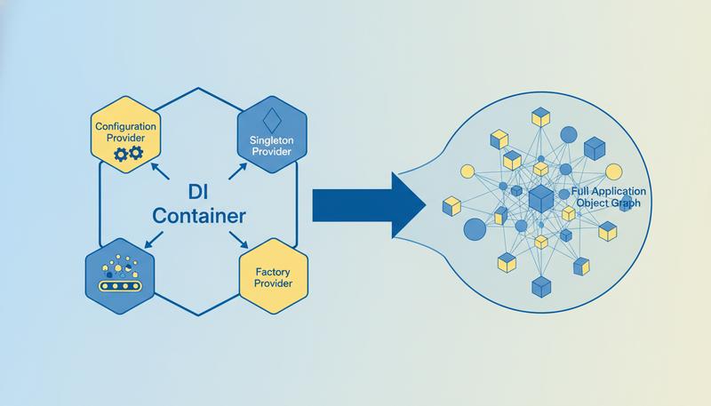 Dependency Injector container showing Config, Singleton, and Factory providers wiring together to form a complete object graph