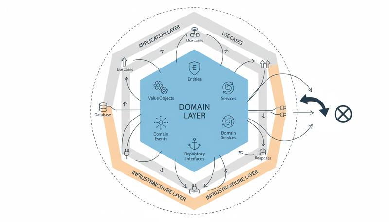 Domain layer structure showing entities, value objects, domain services, and repository interfaces as pure Python with no external dependencies