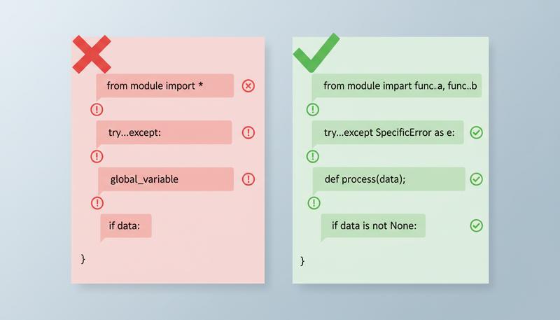 Two parallel code examples showing implicit vs explicit Python patterns, with annotations showing where each approach causes problems