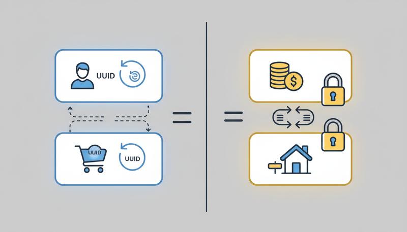 Diagram showing entities identified by ID versus value objects identified by their values, with examples from an e-commerce domain