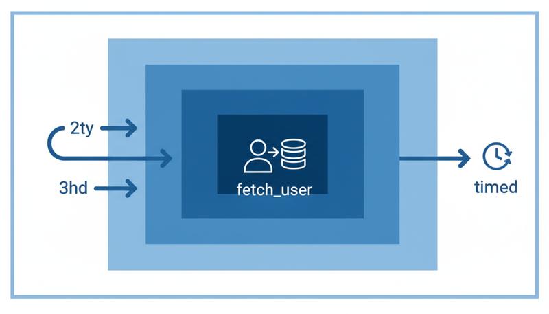 Three decorator layers around a core function: retry wraps fetch_user, timed wraps retry