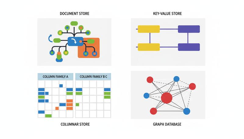 Four NoSQL database types: document, key-value, column-family, and graph, each shown with a simple visual representation of their data structure