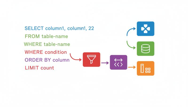 Diagram showing the anatomy of a SQL SELECT query with labeled clauses pointing to their roles