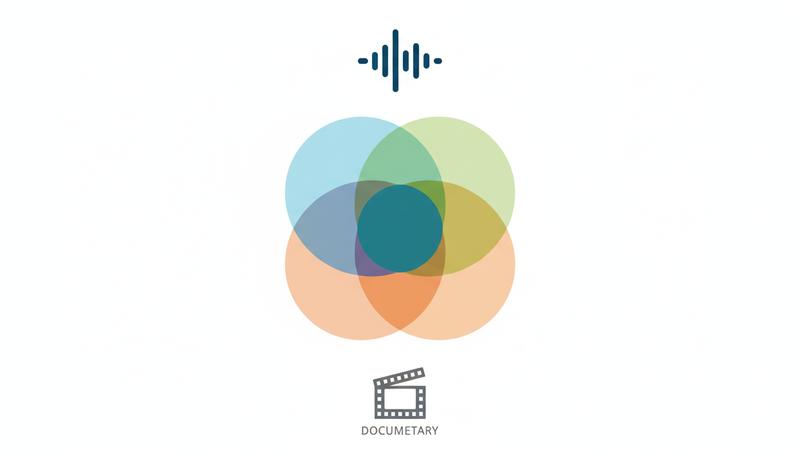 Three overlapping circles showing music's functions in documentary: emotional underscore, pacing, and tonal signal