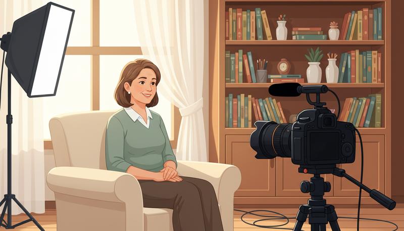 Documentary interview setup showing proper camera angle, lighting from the side, and subject seated in a well-composed frame with depth in the background