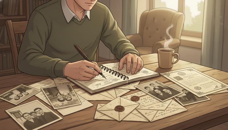 A person reviewing old family photographs and documents at a kitchen table, taking notes in preparation for a documentary interview