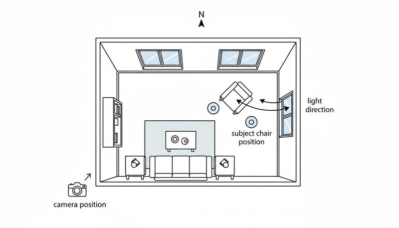 Living room location scout showing window placement, chair position, and camera angle options