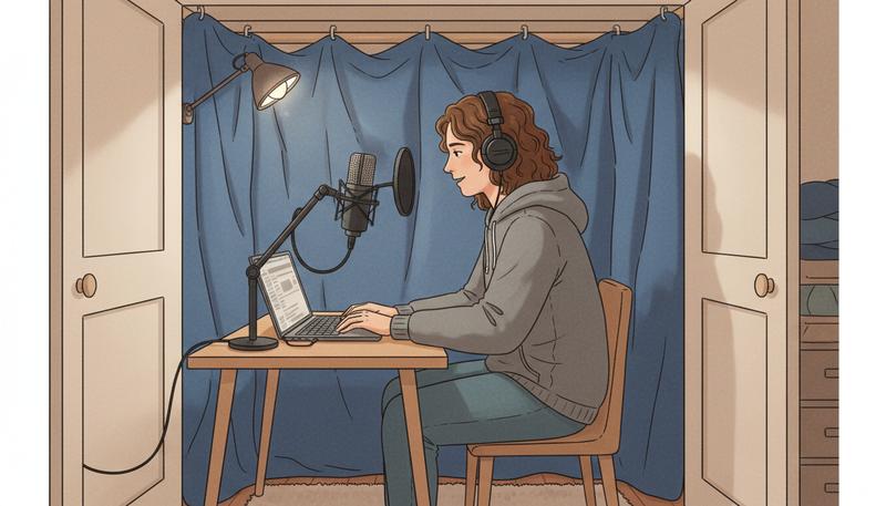 Simple home narration recording setup with USB microphone, pop filter, and blanket acoustic treatment