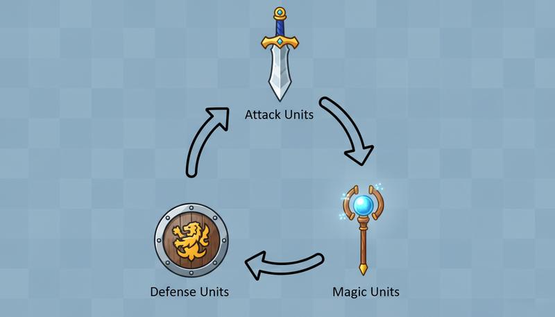 Triangle showing intransitive rock-paper-scissors relationship between three game units