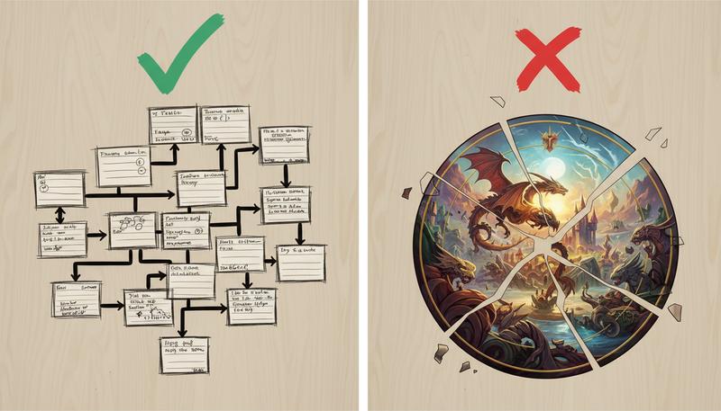 Two game boards side by side: one rough and handwritten but complete, one polished but with a structural crack through it, illustrating that polish without completion is fragile