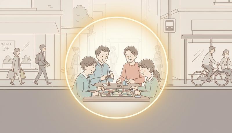 The magic circle concept illustrated as a literal glowing boundary separating game space from ordinary life, with players inside and observers outside