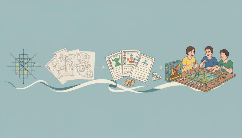 A visual journey from a game theory decision matrix through design sketches and playtesting to a finished game being played, showing the full arc of the course