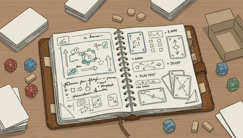An open design journal showing handwritten notes, sketched rule diagrams, and play session observations