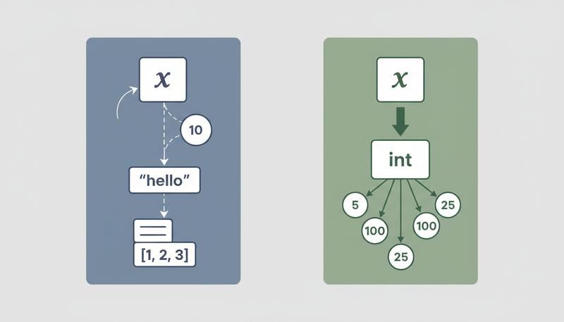 Diagram comparing static typing in Go versus dynamic typing in Python, showing types attached to variables vs types attached to values