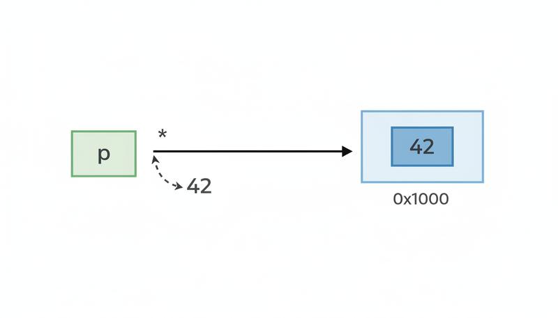 Diagram showing a variable x in memory, with a pointer p storing its address and dereferencing back to the value