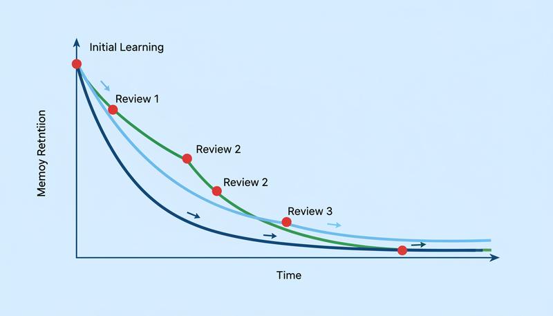 Ebbinghaus forgetting curve showing rapid initial memory decay that flattens with each spaced review