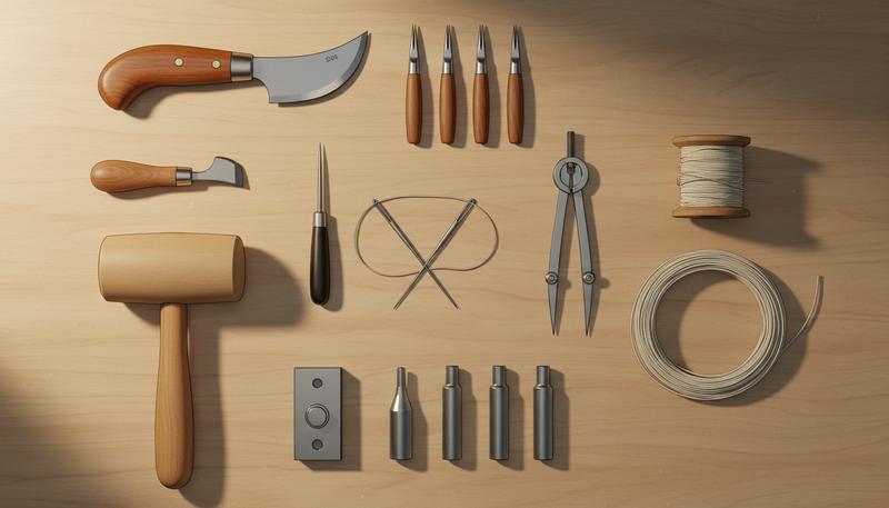 Leatherworking tools laid out on a workbench