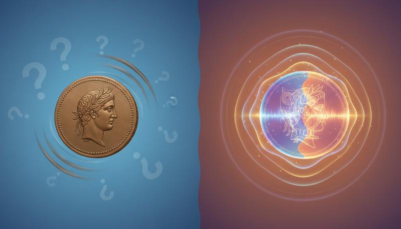 A quantum coin in superposition compared to a classical coin, showing the difference between 'unknown state' and 'genuinely both states'