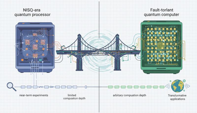 Diagram showing the gap between current NISQ machines and future fault-tolerant quantum computers