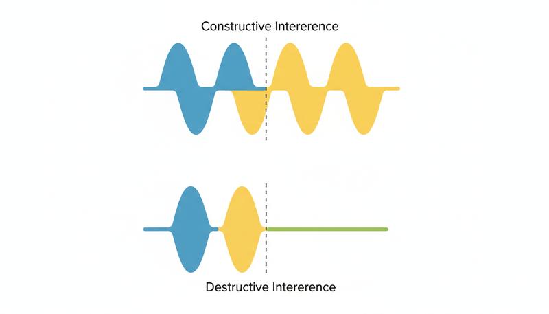 Wave interference diagram showing constructive interference adding waves together and destructive interference canceling them, with an analogy to quantum computing amplifying correct answers