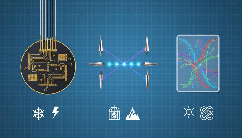 Side-by-side comparison of three qubit approaches: a superconducting chip, a trapped ion vacuum chamber with floating ions, and a photonic waveguide, each labeled with pros and cons