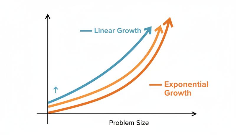 Graph showing linear growth versus exponential growth, illustrating how the number of possibilities in complex problems quickly outpaces computer speed improvements