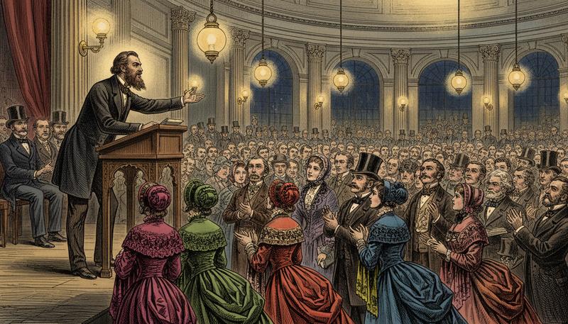 Robert Ingersoll lecturing to a packed hall, representing the popularization of freethought