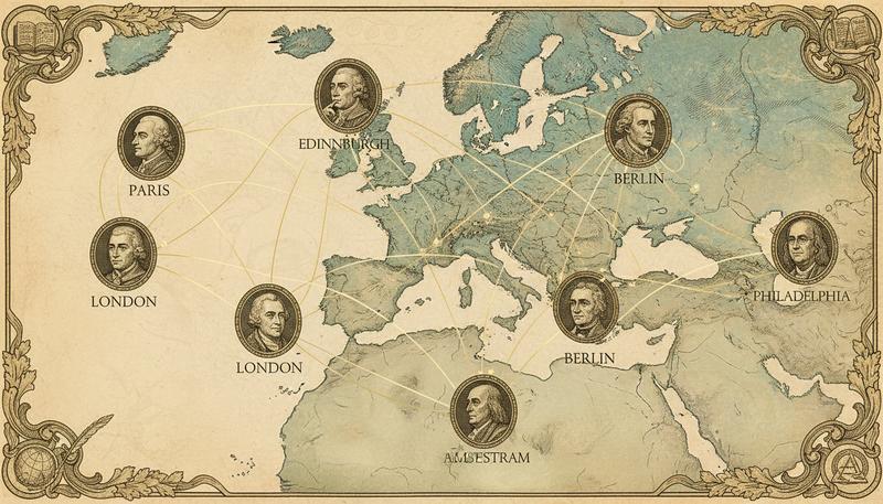 A map of the Republic of Letters showing correspondence networks connecting Enlightenment thinkers across Europe