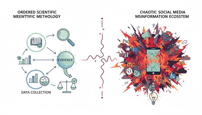 A split image showing the flow of information: on one side, a clean, evidence-based scientific process with peer review and replication; on the other side, a chaotic social media ecosystem with competing claims, viral misinformation, and broken trust — illustrating the epistemological crisis secular humanism must address
