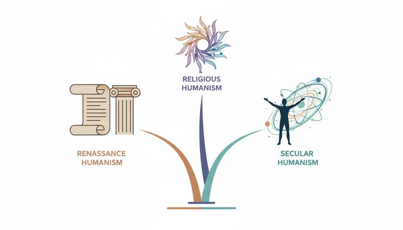 A branching diagram showing the three distinct meanings of 'humanism': Renaissance humanism (pedagogical/literary), religious humanism (spiritual but non-supernatural), and secular humanism (naturalistic, non-religious)