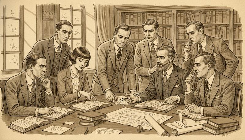 Depression-era intellectual gathering, men in suits around a table with papers, representing the collaborative drafting of a philosophical document