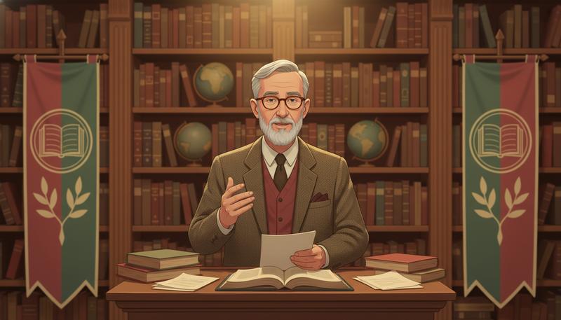 Paul Kurtz at a podium representing organized secular humanism, with books and a lecture hall setting